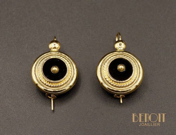 Boucles D'oreilles Anciennes En Or Jaune 18k Et Jais - Années 1900, Pendantes, Parfait état