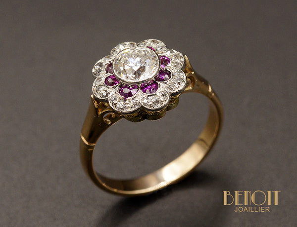 Bague Art Déco Platine Diamants Marguerite - Taille 52 - 1,76 Carats Taille Ancienne - Occasion