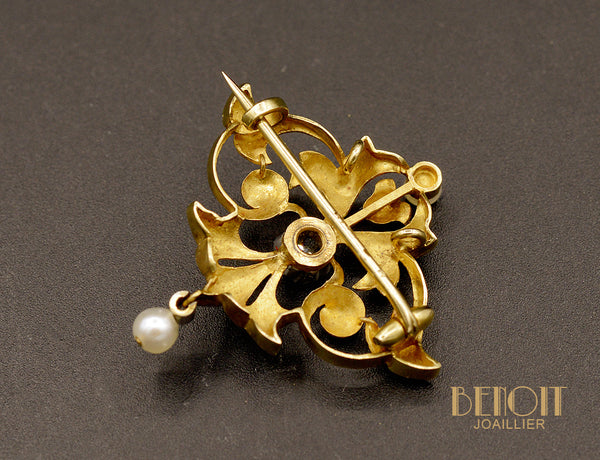 Broche Ancienne Art Nouveau En Or Jaune 18k Et Argent, Sertie De Diamants Et Perle - Occasion
