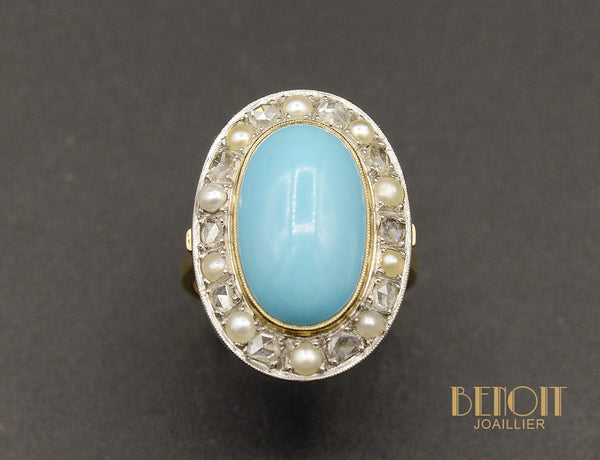 Bague Turquoise entourage Diamants Perles