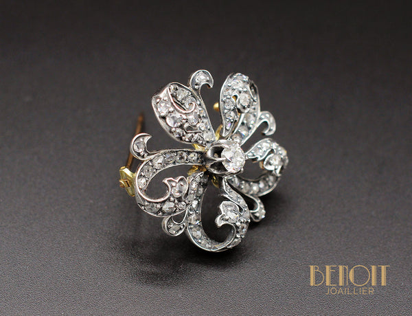 Broche Vintage Fleur Or Blanc Cristaux - Bijou Ancien à Facettes, Occasion