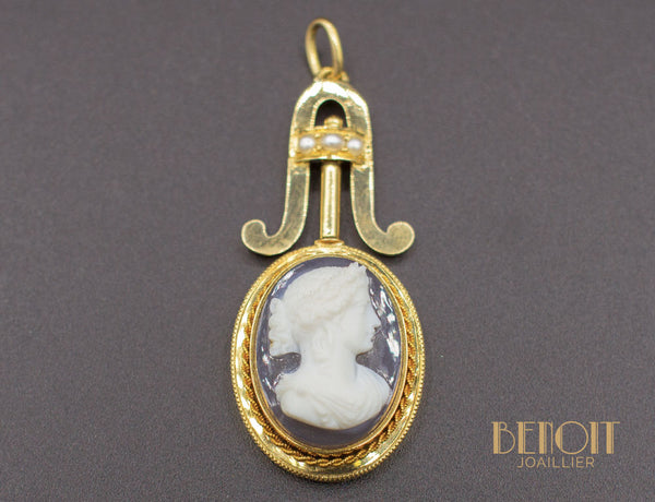 Pendentif Camée Cassolette Porte-photo époque 1900 - Doré Argenté, Occasion Vintage #K23