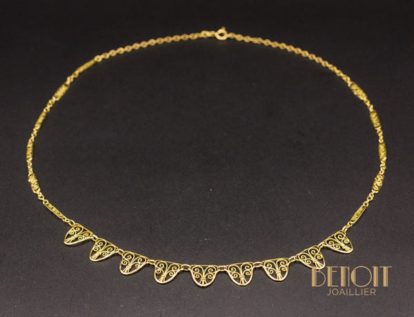 Collier Draperie Ancien En Or Jaune 18 Carats Et Or Gris - Bijou Vintage