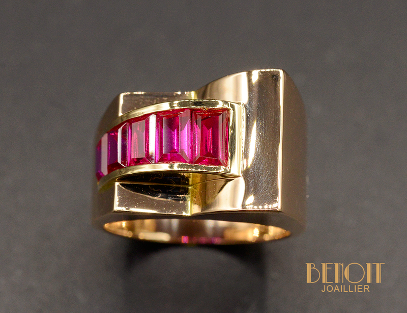 Bague Tank Or Rose et Rubis Verneuil