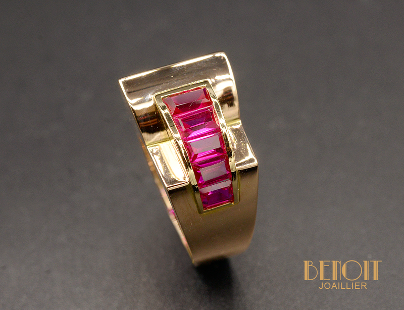 Bague Tank Or Rose et Rubis Verneuil