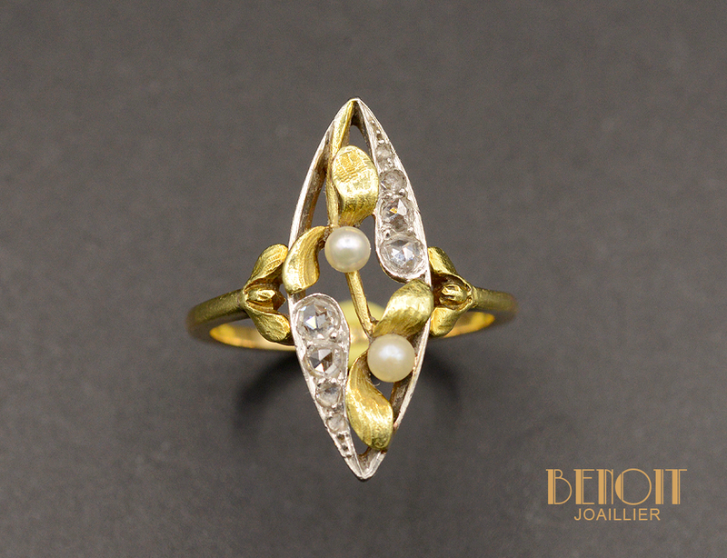 Bague Marquise Art Nouveau Perles Fines et Diamants