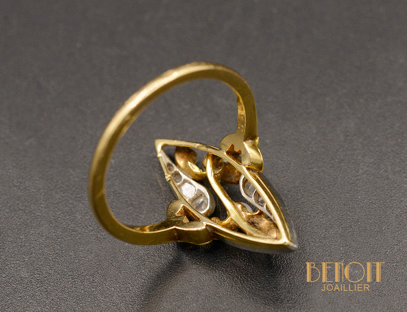 Bague Marquise Art Nouveau Perles Fines et Diamants