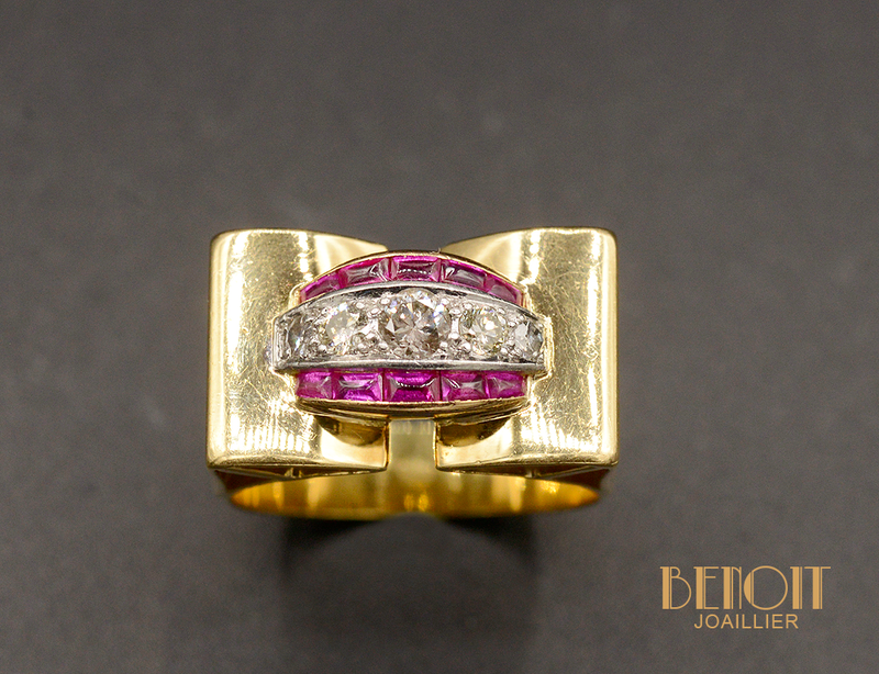 Bague Tank Or Jaune Diamants Rubis Verneuil
