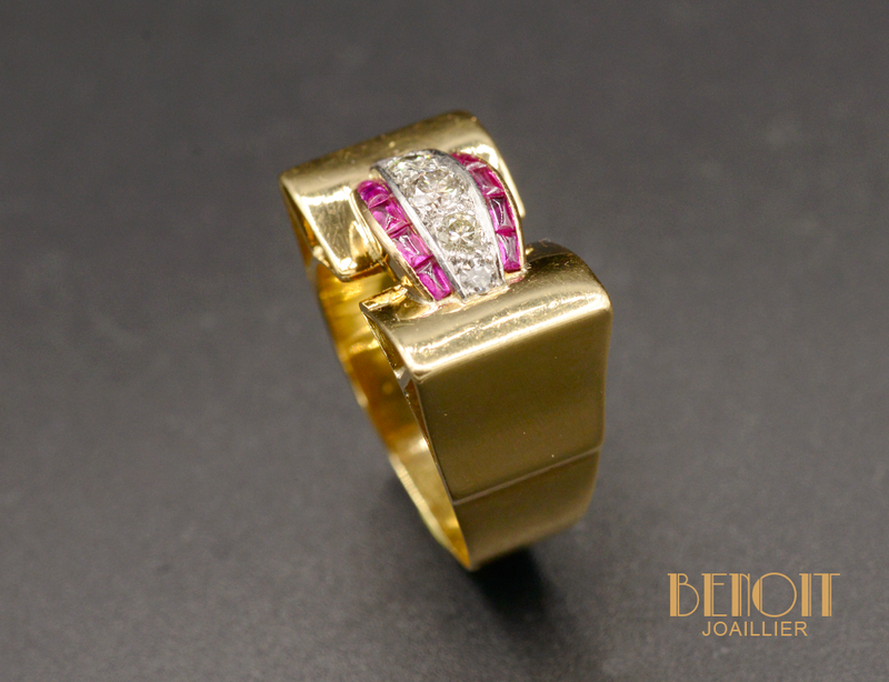 Bague Tank Or Jaune Diamants Rubis Verneuil