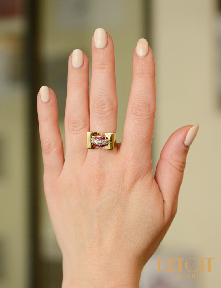 Bague Tank Or Jaune Diamants Rubis Verneuil