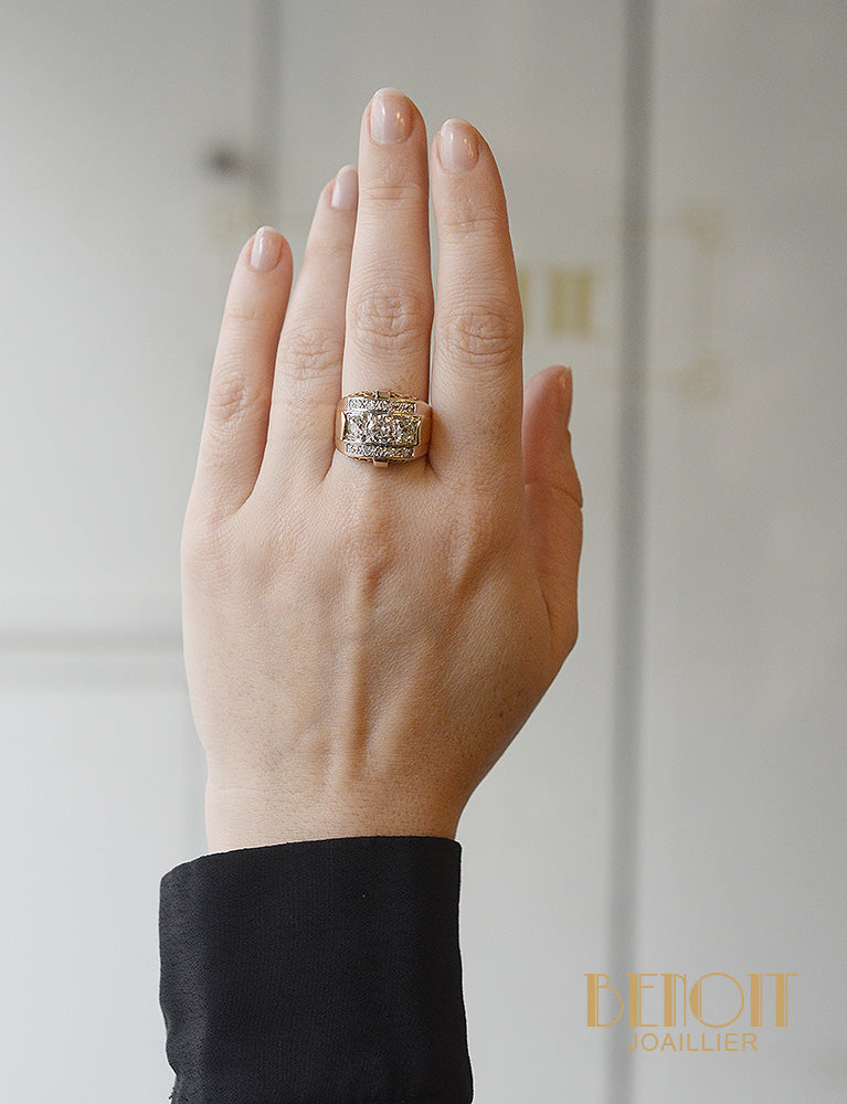 Bague Tank Ecailles Diamants et or rose
