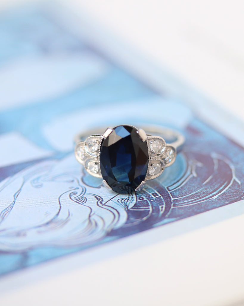 Bague Saphir Art Déco 16x21mm Taille 55 - Argent Fin - Sertie De Zircons - Made In France Neuf