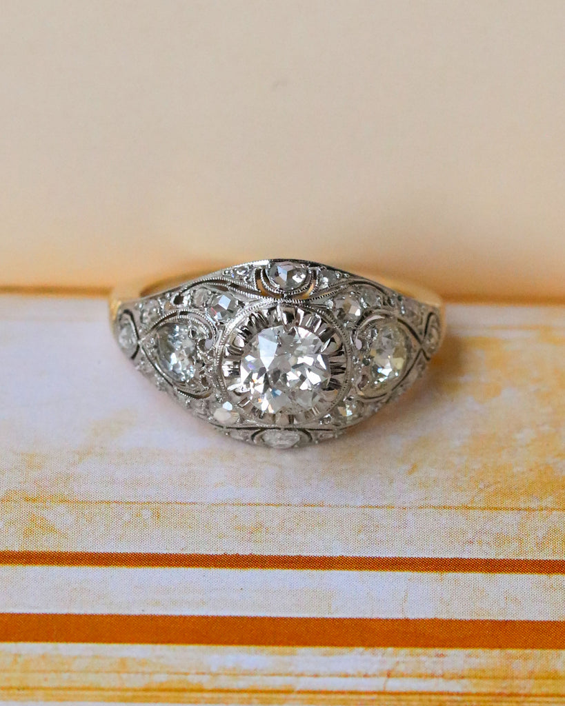 Bague Dôme Art Déco Or jaune Platine et Diamants – Benoit Joaillier