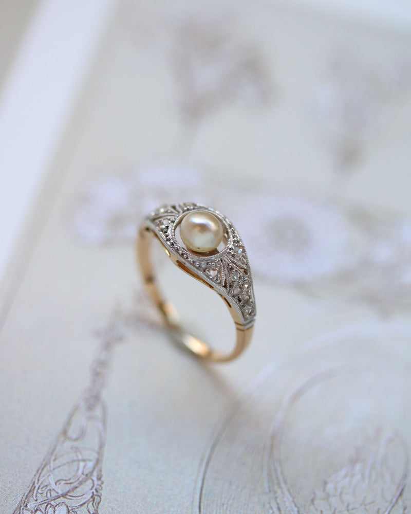 Jonc Art Déco Or rose et blanc Perle Fine et Diamants
