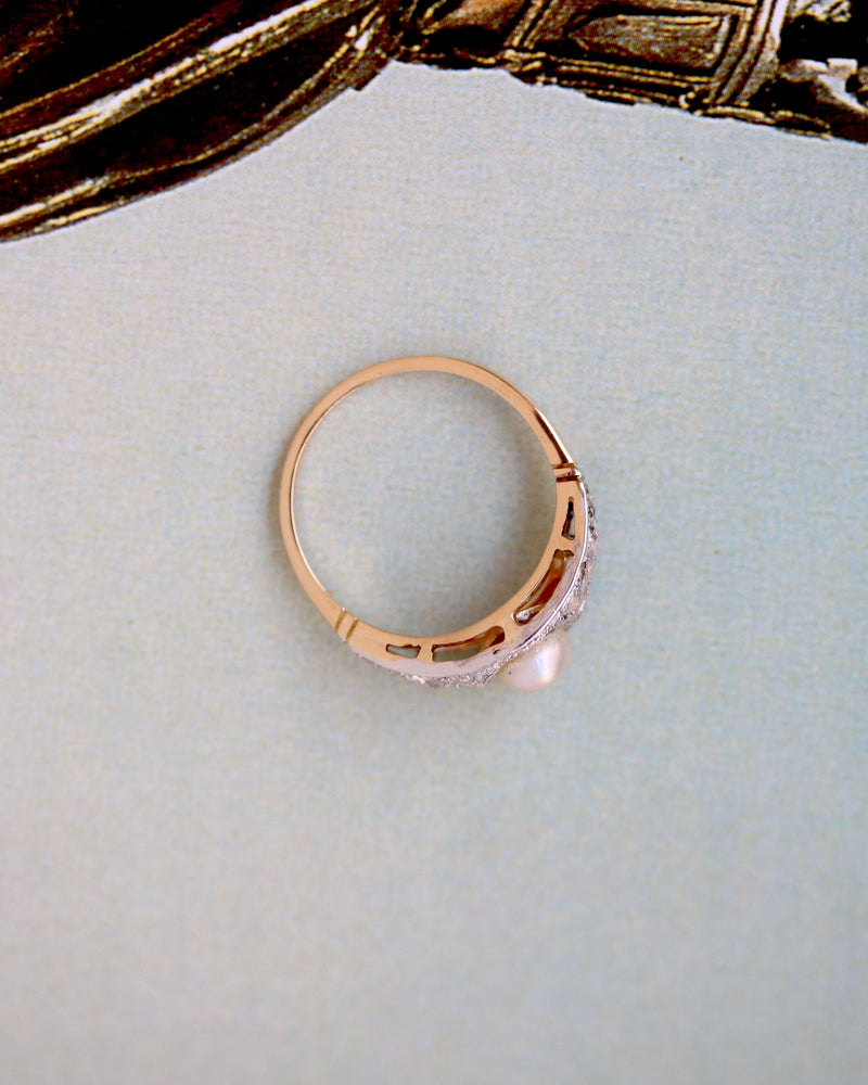 Jonc Art Déco Or rose et blanc Perle Fine et Diamants
