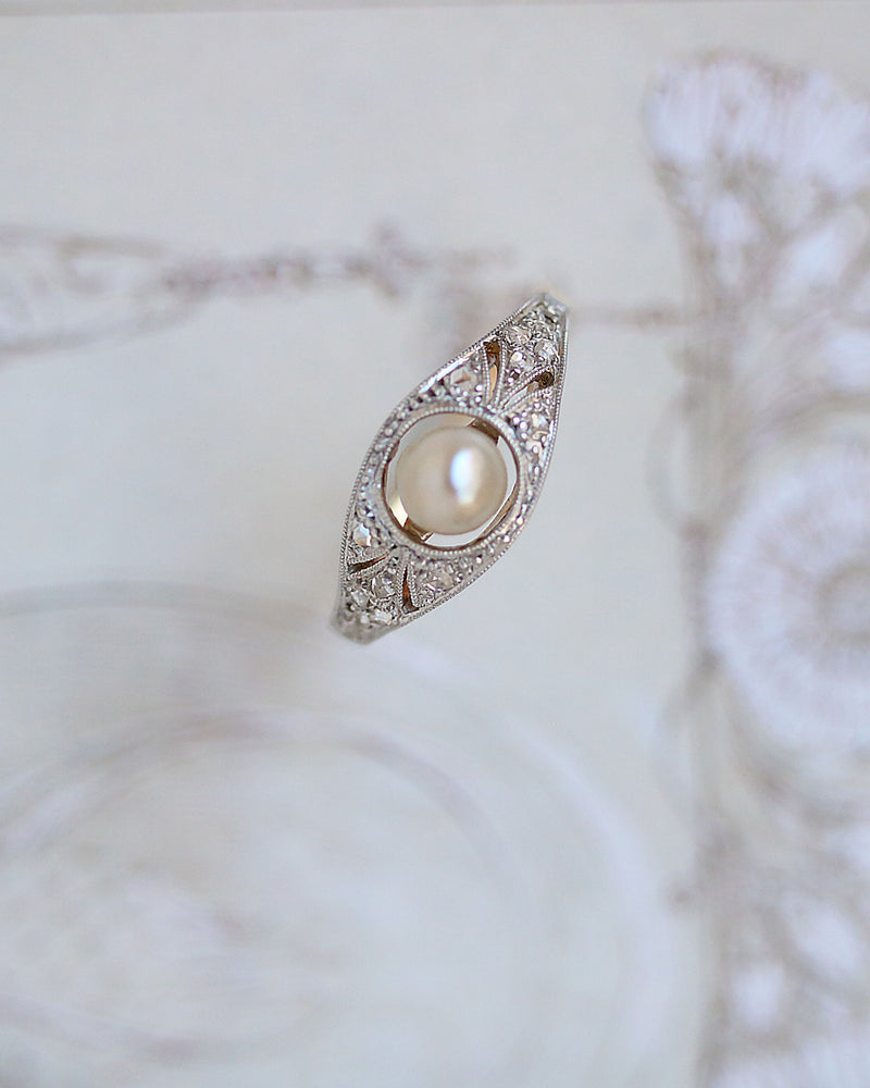 Jonc Art Déco Or rose et blanc Perle Fine et Diamants
