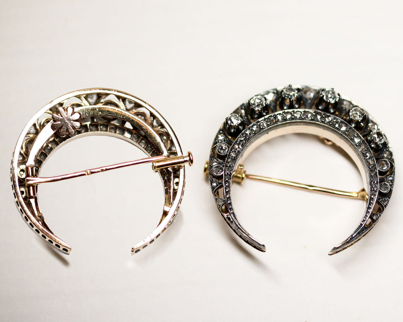 Broche Croissant Diamant Or et Argent