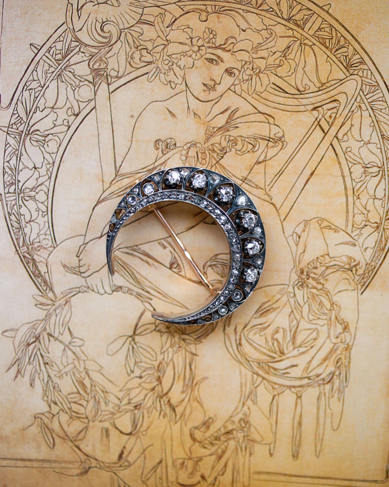 Broche Croissant Diamant Or et Argent