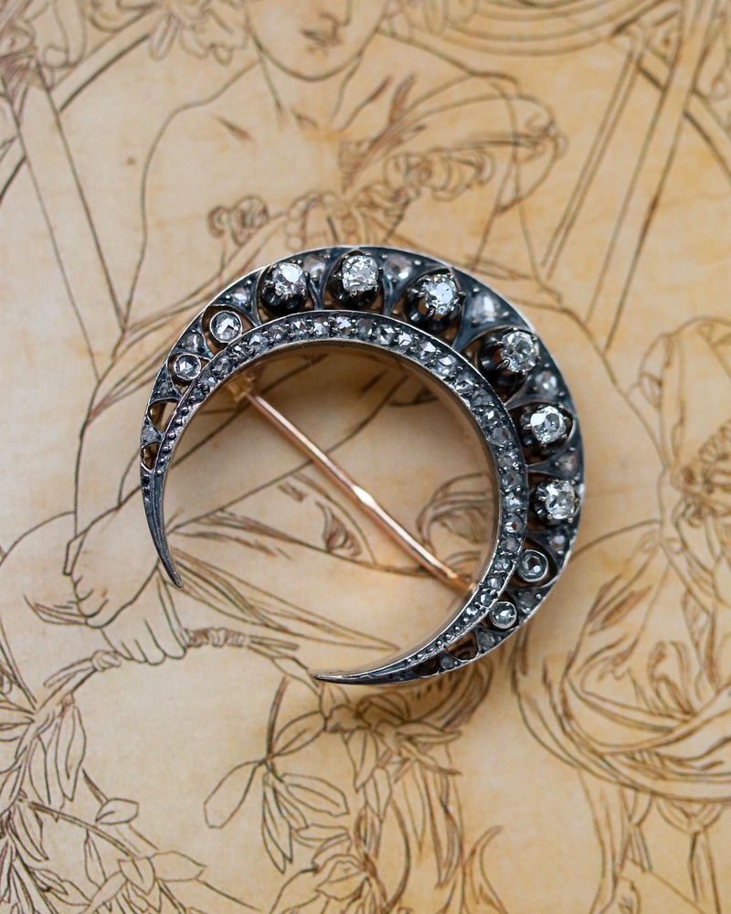 Broche Croissant Diamant Or et Argent