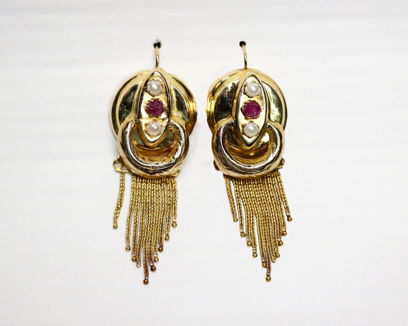 Paire de Boucles d'Oreilles Napoléon III Perles fines Rubis