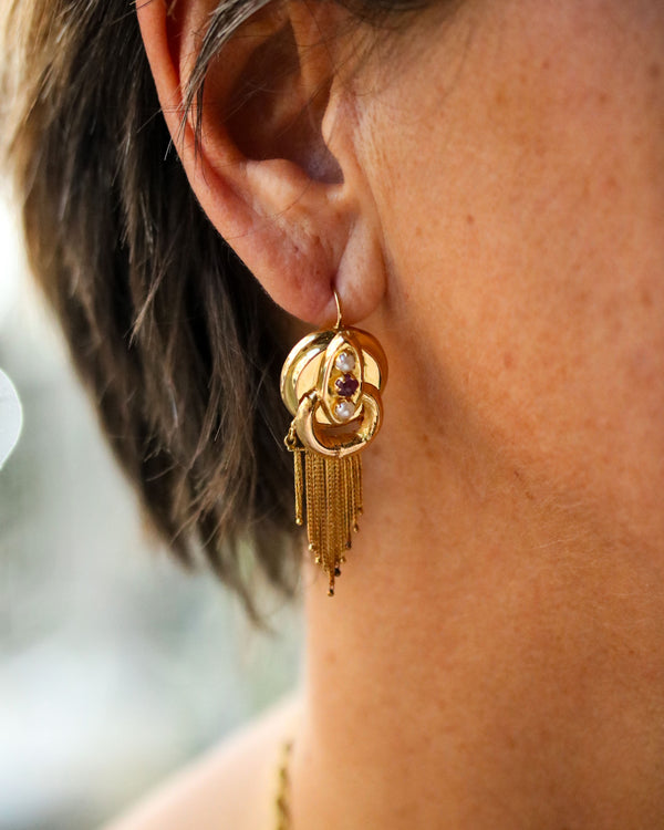 Paire de Boucles d'Oreilles Napoléon III Perles fines Rubis
