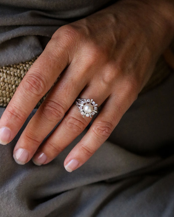 Bague Marguerite Or Blanc Perle et Diamants