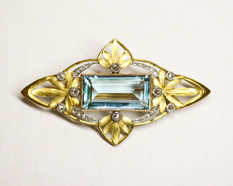 Broche Pendentif Or Jaune Aigue Marine et Diamants