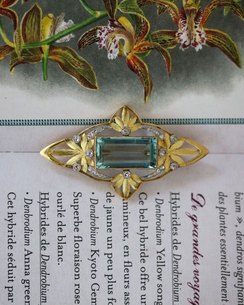 Broche Pendentif Or Jaune Aigue Marine et Diamants