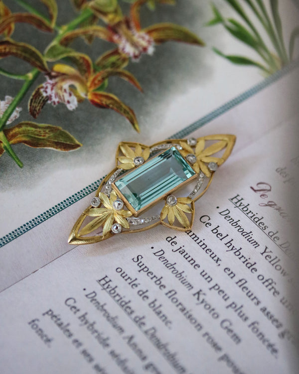 Broche Pendentif Or Jaune Aigue Marine et Diamants
