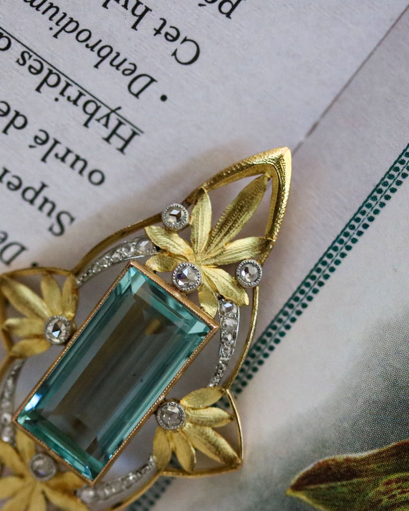 Broche Pendentif Or Jaune Aigue Marine et Diamants
