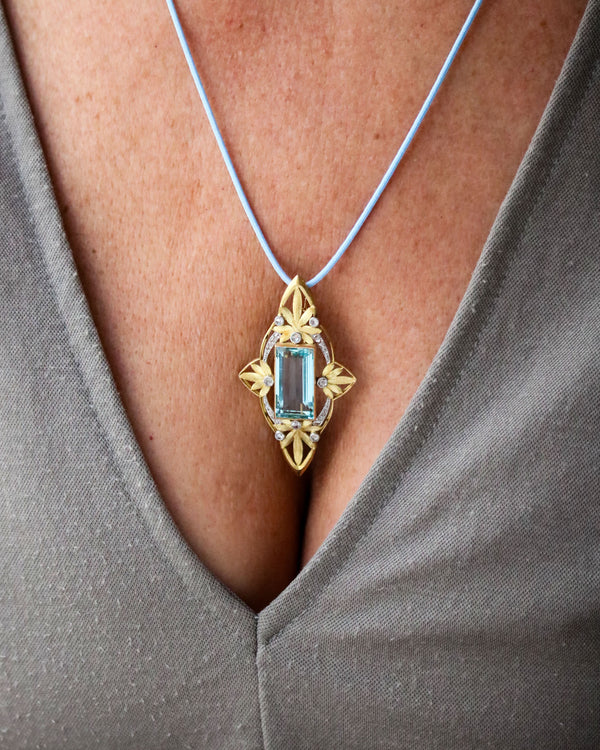 Broche Pendentif Or Jaune Aigue Marine et Diamants