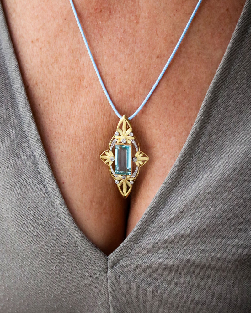 Broche Pendentif Or Jaune Aigue Marine et Diamants