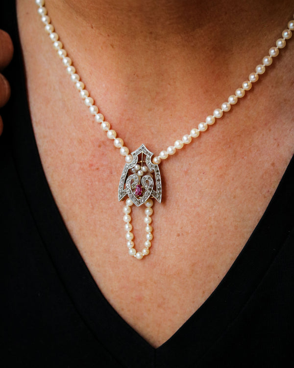 Coulant de Sautoir ou Pendentif en Or, Rubis et Perles