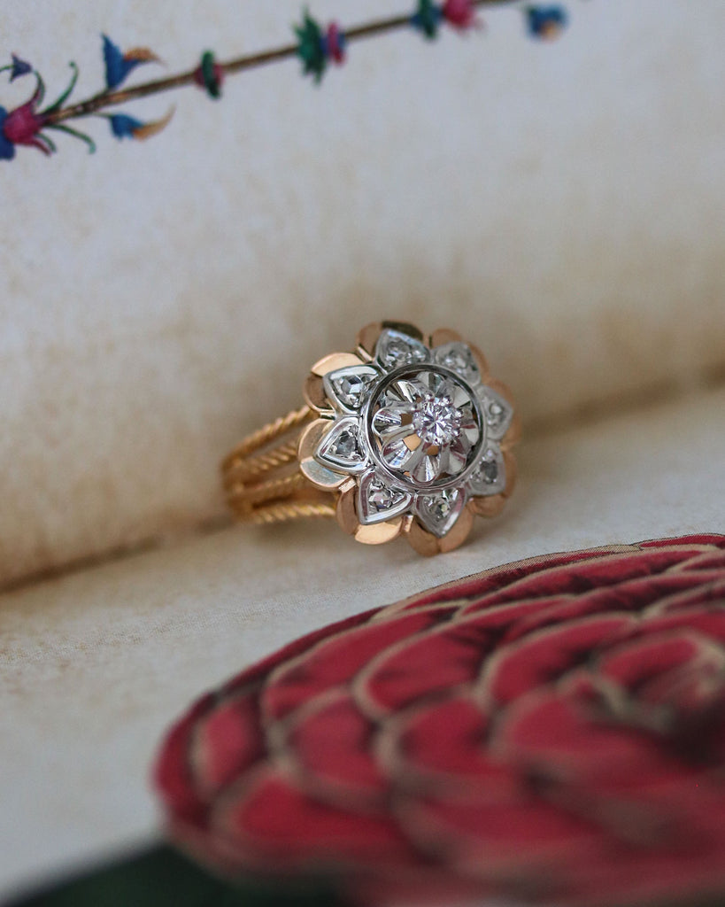 Bague Dôme Or Rose 18K Diamants & Rubis - Style Vintage Années 1950