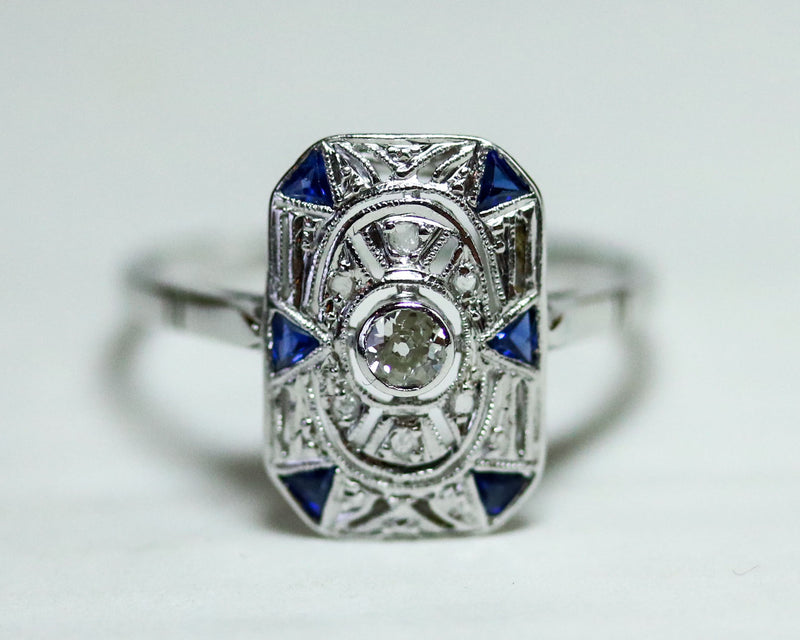 Bague Rectangle Art Déco Diamants et Saphirs