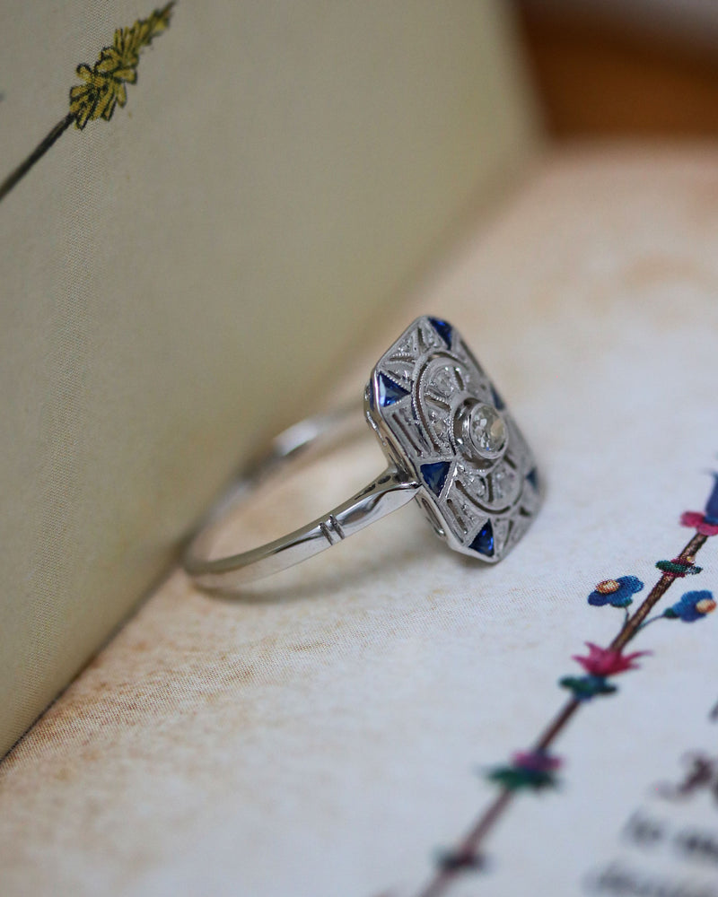 Bague Rectangle Art Déco Diamants et Saphirs