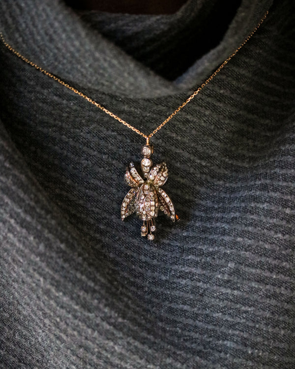 Pendentif et Boche Fleur Fuchsia Or rose Argent Diamants