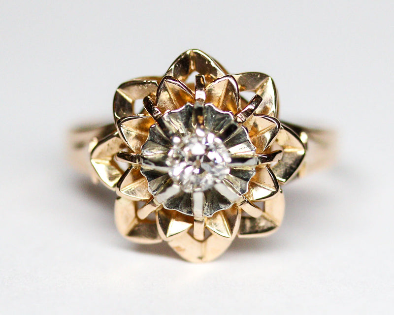 Bague Art Déco Florale Or Rose et Blanc Diamant