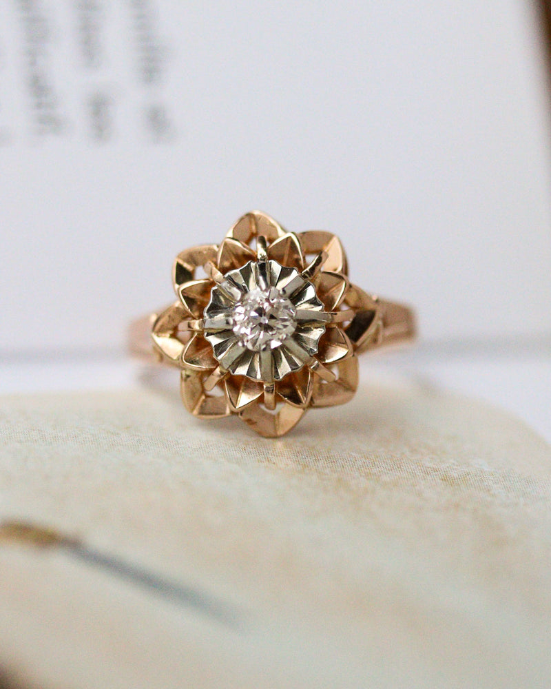 Bague Art Déco Florale Or Rose et Blanc Diamant