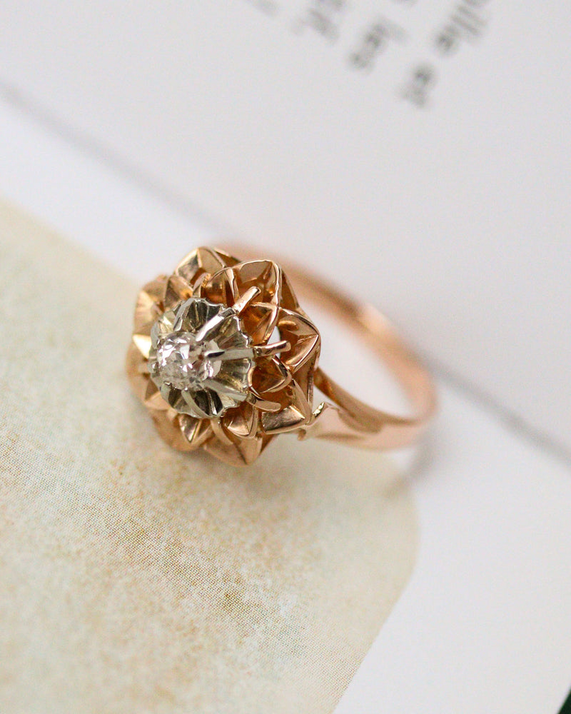 Bague Art Déco Florale Or Rose et Blanc Diamant