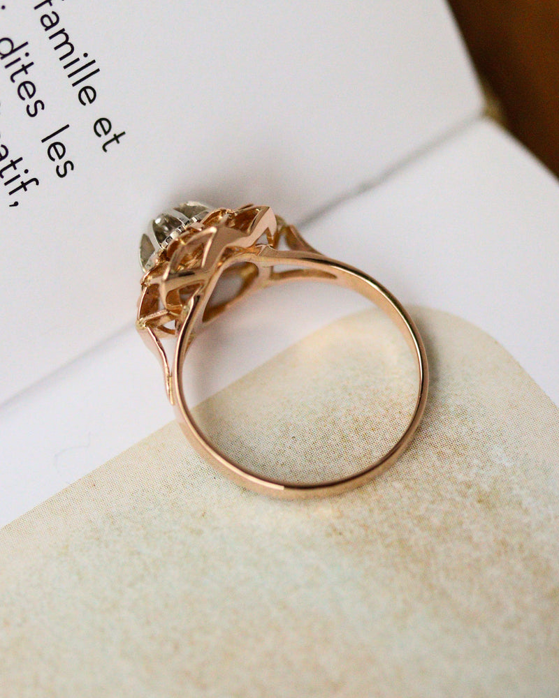 Bague Art Déco Florale Or Rose et Blanc Diamant