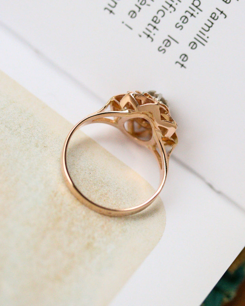 Bague Art Déco Florale Or Rose et Blanc Diamant