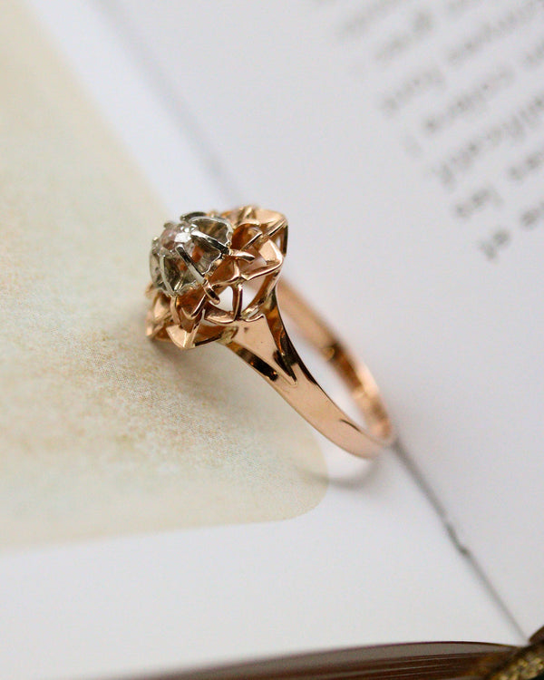 Bague Art Déco Florale Or Rose et Blanc Diamant