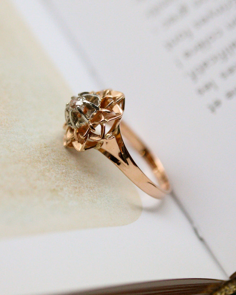 Bague Art Déco Florale Or Rose et Blanc Diamant