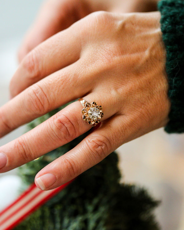 Bague Art Déco Florale Or Rose et Blanc Diamant