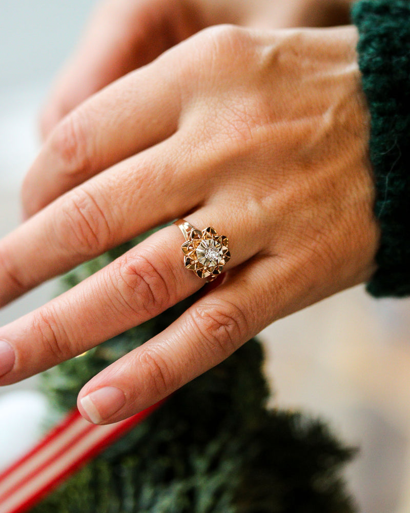 Bague Art Déco Florale Or Rose et Blanc Diamant