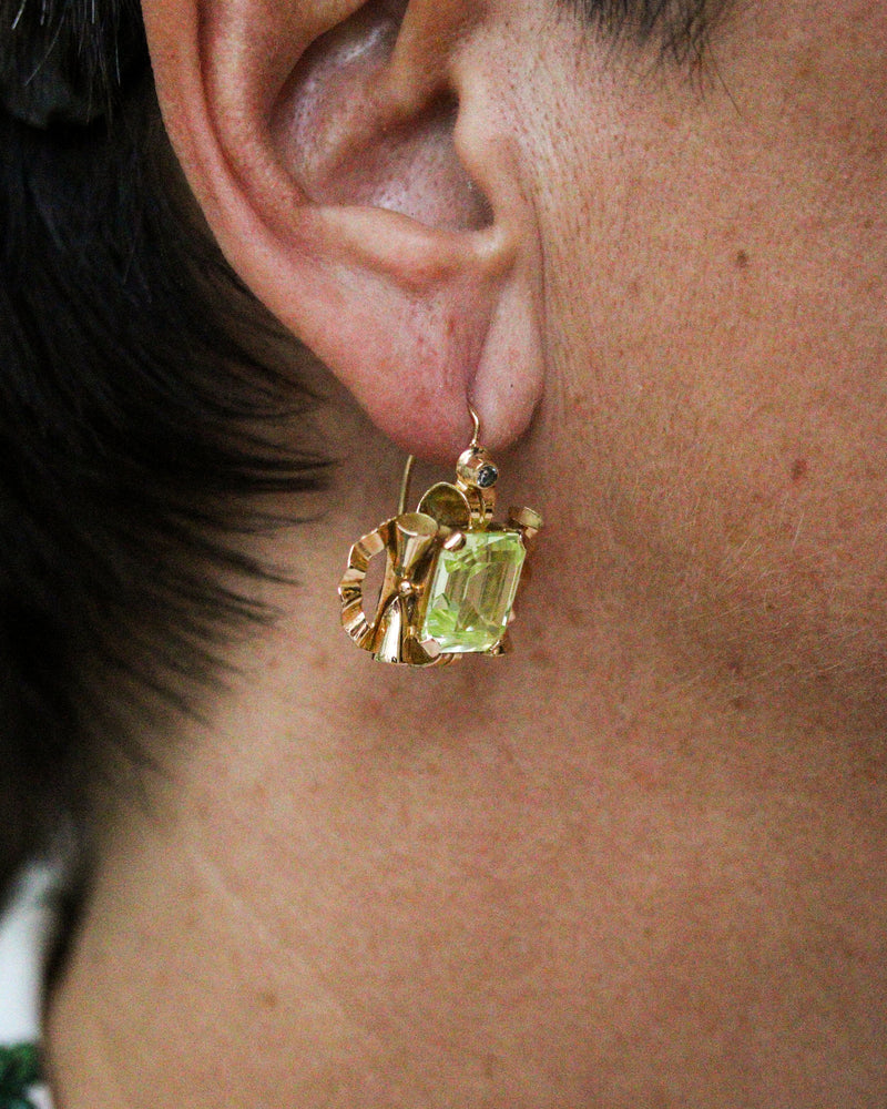 Paire de boucles d'Oreilles 1940 Or Rose et Fluorite