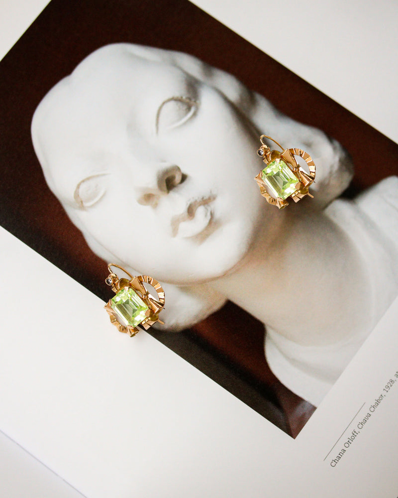 Paire de boucles d'Oreilles 1940 Or Rose et Fluorite