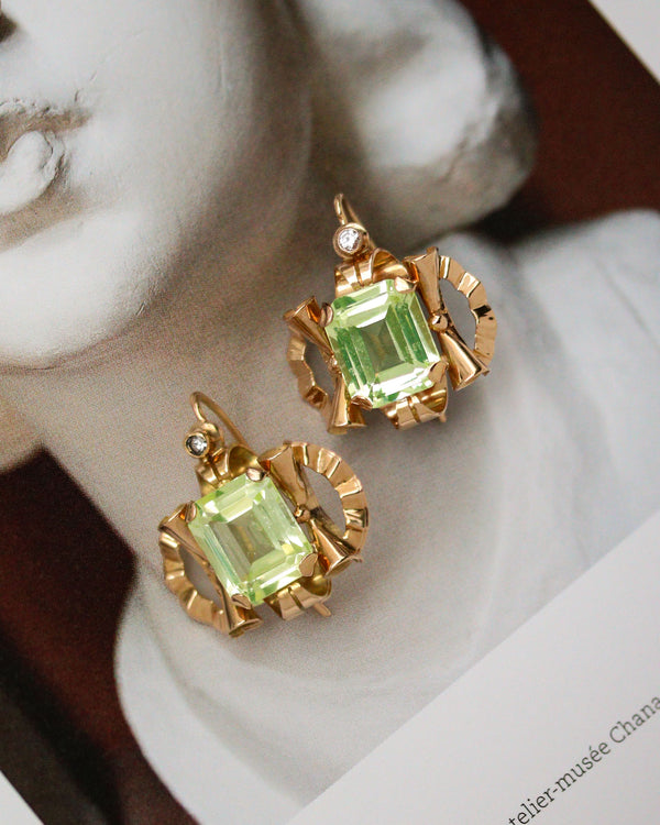 Paire de boucles d'Oreilles 1940 Or Rose et Fluorite