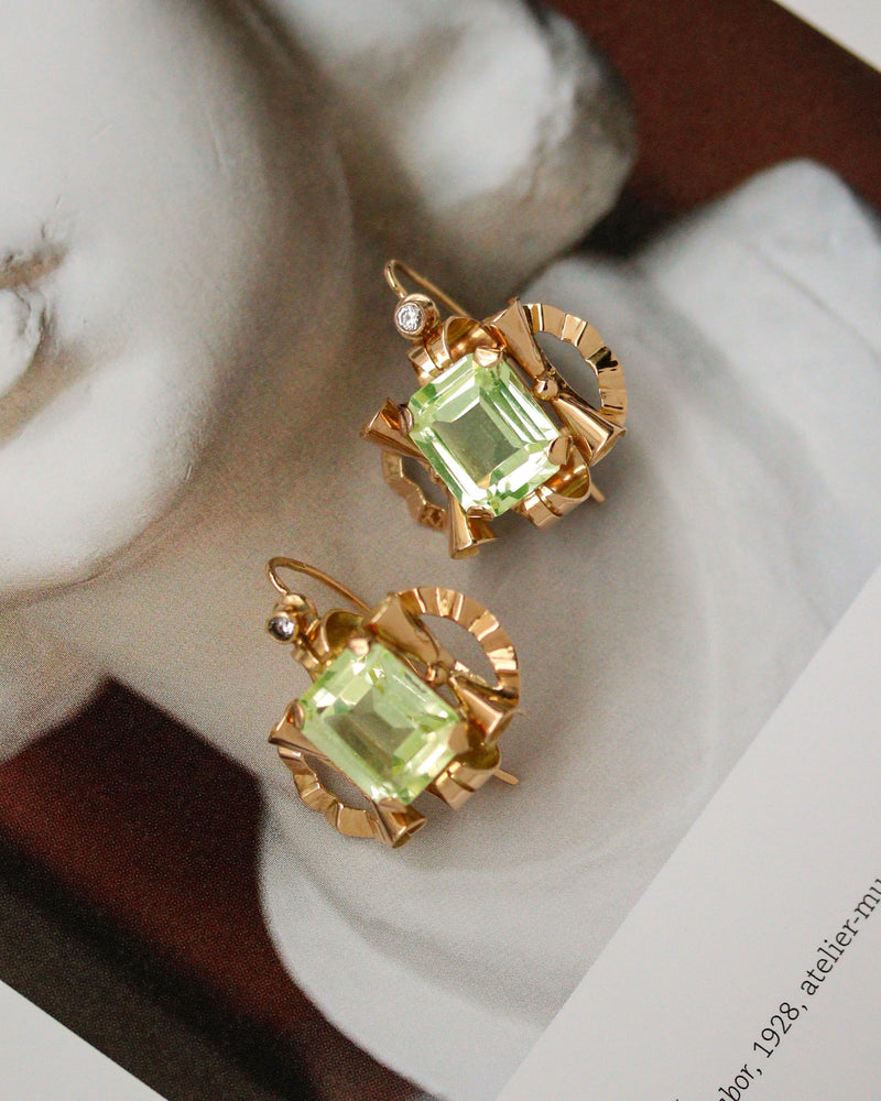 Paire de boucles d'Oreilles 1940 Or Rose et Fluorite